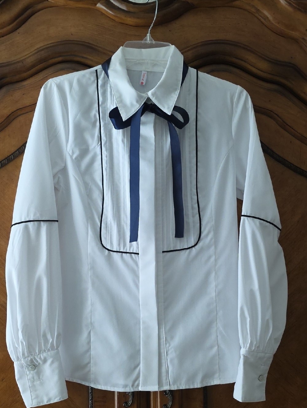White Button-Up Blouse with Navy Ribbon Trim